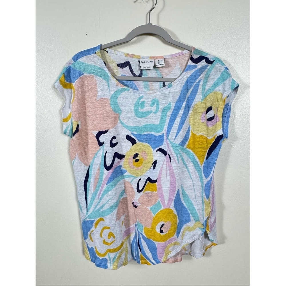 Rachel Zoe 100% Linen Blouse Top Large Floral  Euro Summer Coastal Beachy